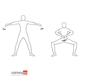 Simple line drawing of two adult figures demonstrating the up and down motion of the hug-the-world pile squat with a resistance band