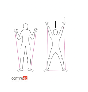 Simple line drawing of two adult figures demonstrating the up and down motion of a squat with an overhead press with a resistance band