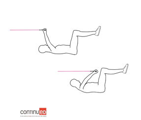 Simple line drawing of two adult figures lying supine demonstrating the movement of a crunch with a lat pull-down with a resistance band