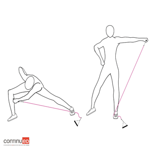 Simple line drawing of two adult figures demonstrating the up and down motion of a side lunge with a side raise with a resistance band
