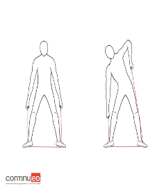 Simple line drawing of two adult figures demonstrating the up and down motion of side bends with a resistance band