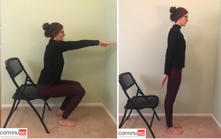 Two photos of a young woman transitioning from seated in a folding chair to standing performing the sit to stand pose