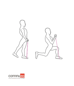 Simple line drawing of two adult figures demonstrating the up and down motion of a lunge with a bicep curl using a a resistance band