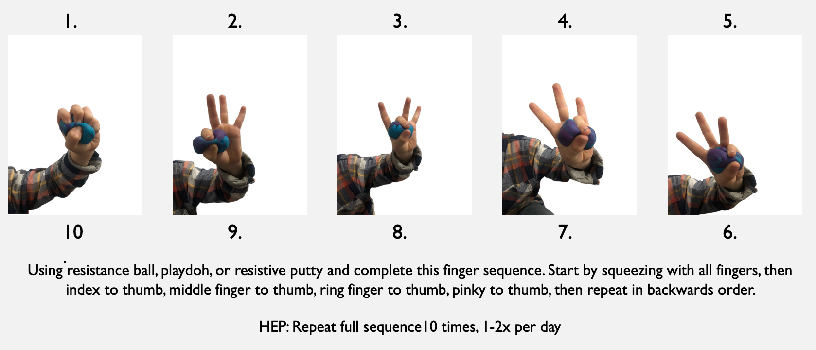 Five different pictures showing the different hand movements to use with exercises for the palmar grasp reflex