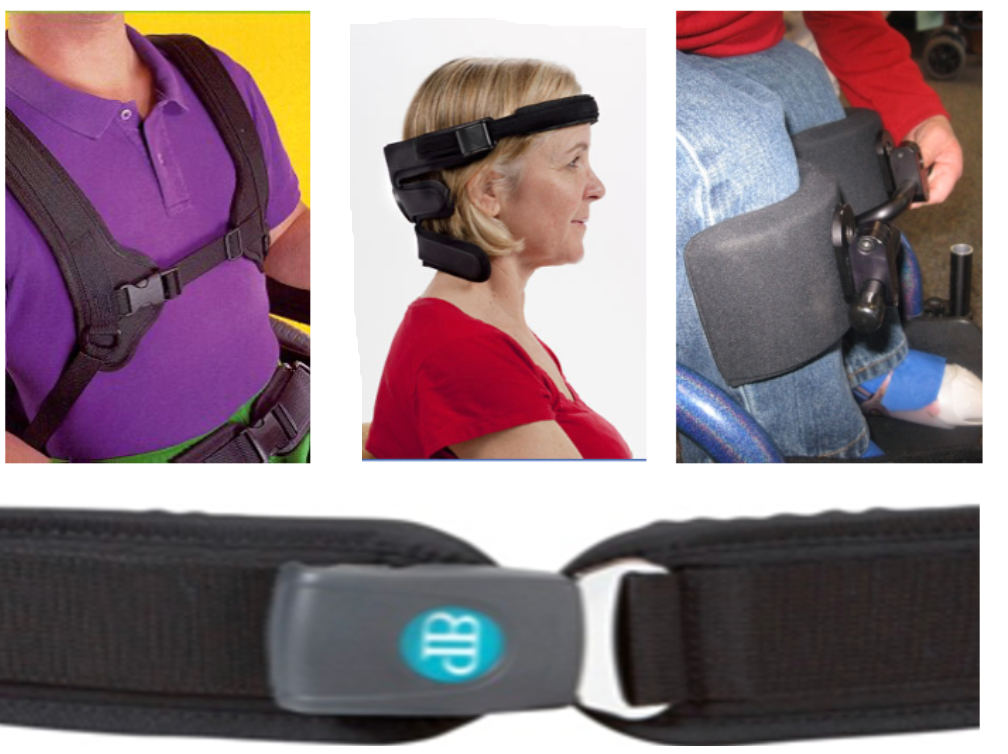 Examples of anterior supports including a chest strap, forehead strap, knee block and pelvic belt