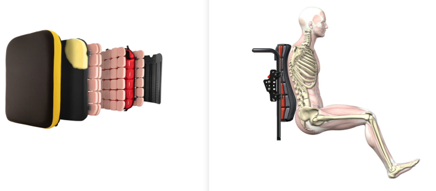 Left side of picture shows the components of a contoured back and the right shows the back on a wheelchair